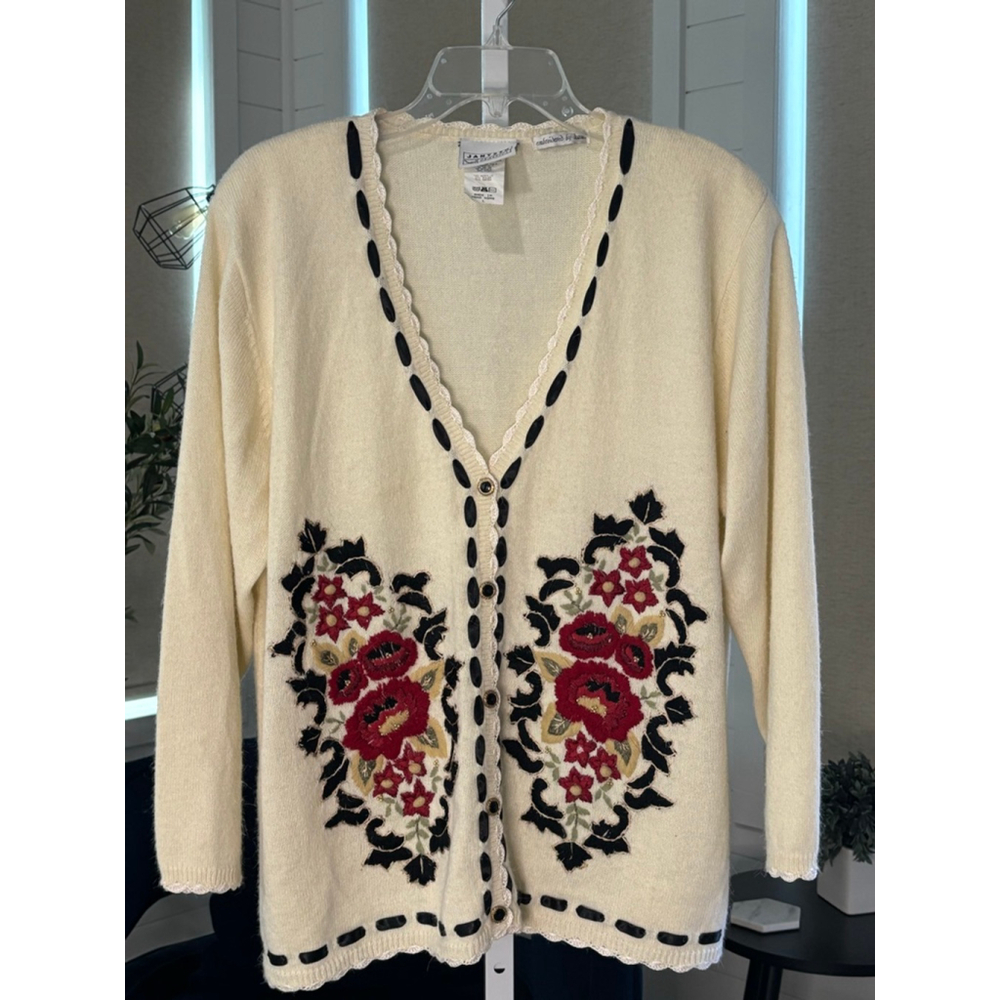 Women's Jantzen Classics Hand Embroidered Button Front Cardigan L, Shoulder Pads